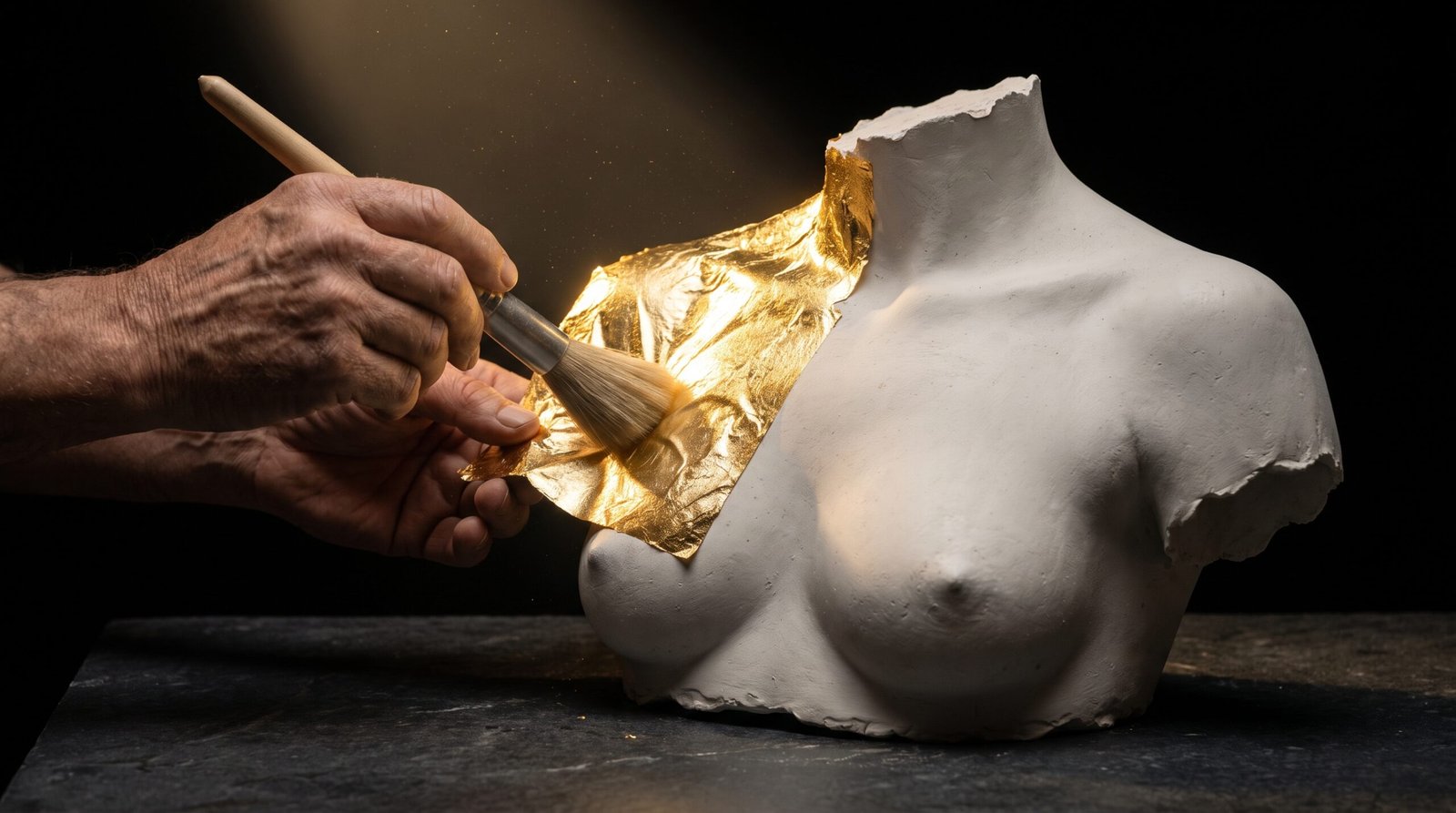 Aplicación artesanal de pan de oro 24k en escultura