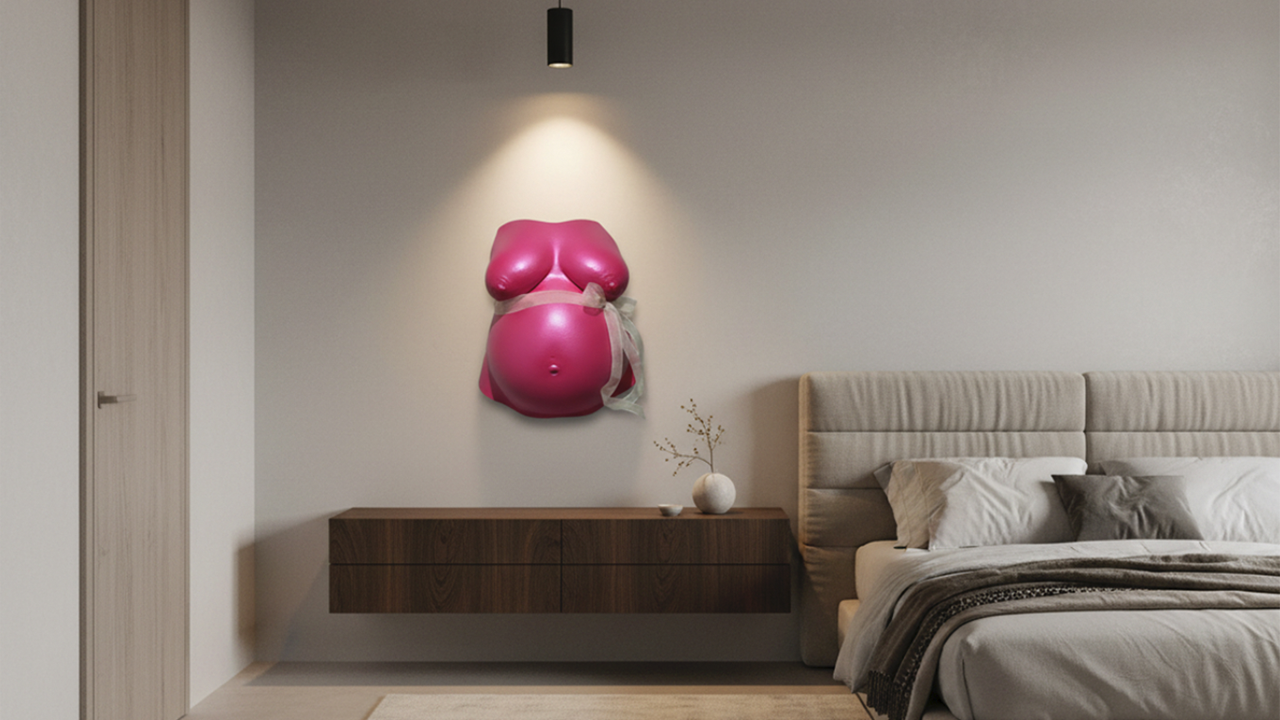 Belly Cast Premium colgado en pared de dormitorio a oscuras iluminado con foco