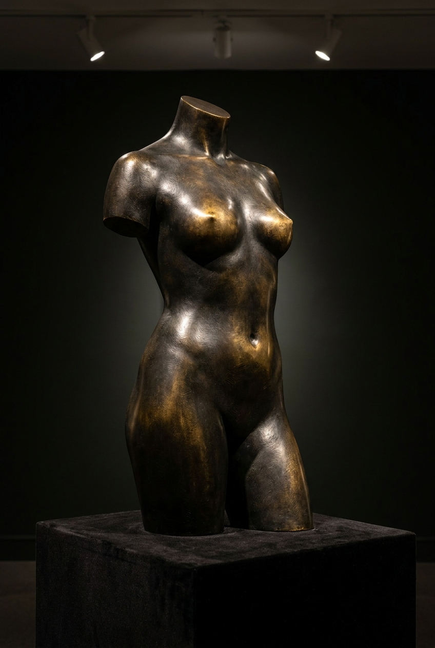 Escultura de torso femenino con acabado bronce en frío y pátina envejecida, lifecasting 1/1 — Intimate Body Cast, Elda (Alicante)