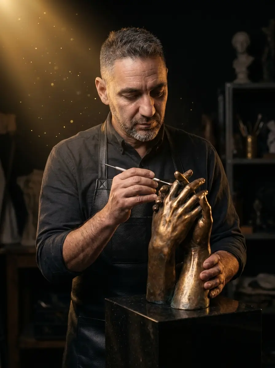 David trabajando en el atelier sobre una escultura de manos de pareja entrelazadas con acabado en bronce en frío. Obra de lifecasting única 1/1 por Intimate Body Cast en Elda (Alicante).