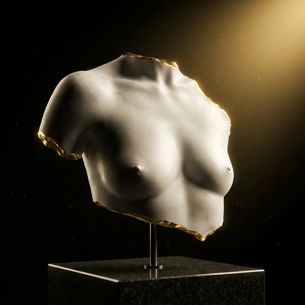Busto de inspiración clásica en mármol con detalles en pan de oro de 24 quilates. Obra de lifecasting con porte de museo por Intimate Body Cast en Elda.