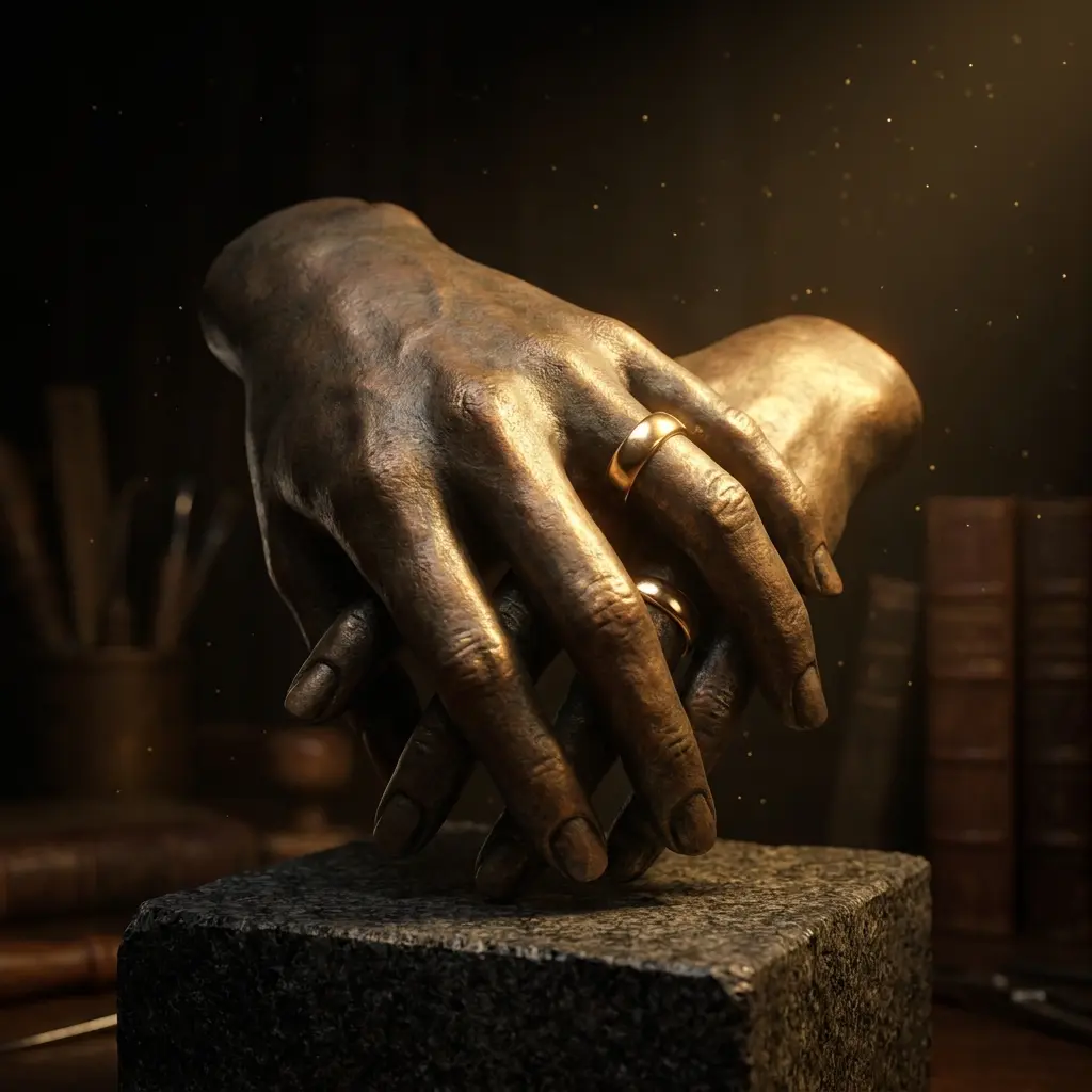 Detalle de escultura de manos de pareja entrelazadas con alianzas nupciales. Acabado en bronce en frío, obra de lifecasting por Intimate Body Cast en Elda.