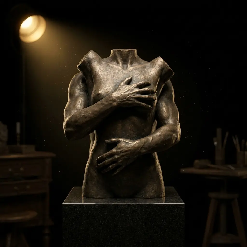 Escultura de torso femenino abrazado por brazos masculinos. Acabado en bronce en frío, obra de lifecasting en pareja creada por Intimate Body Cast en Elda.